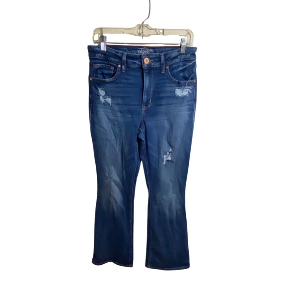 Edgely Denim - Edgely High Rise Flare Jeans Dark Wash Distressed Cropped‎ Denim Blue Size 10